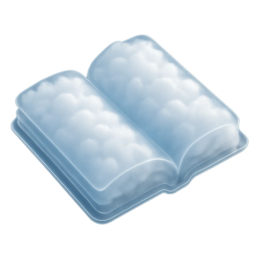 open book top view, pages and cover made of bright white fluffy clouds, matte glass style, no background sticker