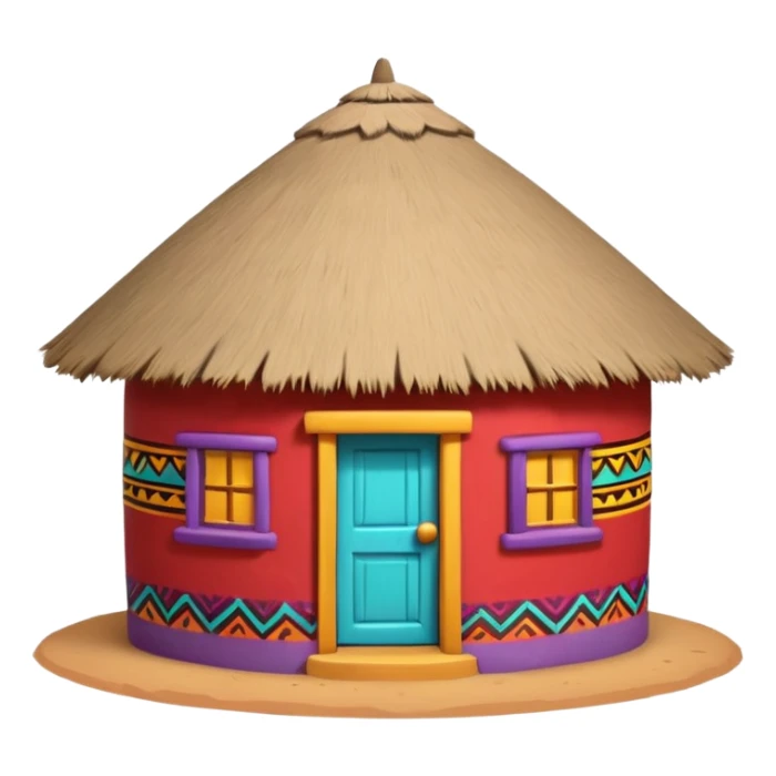 African mud hut tribal house, round adobe clay hut, thatched roof, bright colorful paint, walls in turquoise, red, yellow, purple, tribal patterns, cute mobile game icon, 3D cartoon, soft shadows, clean background, no text, no watermark sticker