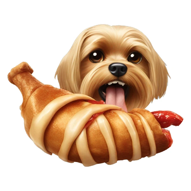 Evil Yorkie eating a giant chicken leg sticker