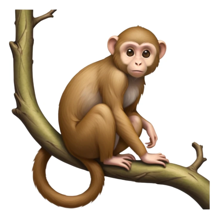 cinematic-Macaques-realistic-full-body-sitting-emoji,-slim-agile-frame-poised-on-a-branch,-long-tail-curled-slightly,-head-tilted-dramatically,-warm-brown-fur-soft-and-fluffy,-bright-playful-eyes-exuding-mischief,-simplified-yet-realistic-focused-features,-highly-detailed,-glowing-with-an-almost-sarcastic-glow sticker