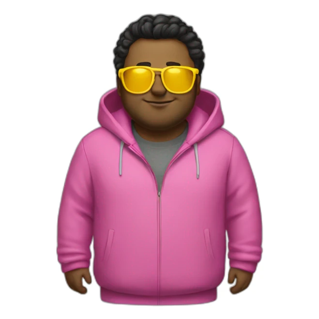 plus-sized man with dark hair, yellow long jacket and pink glasses sticker