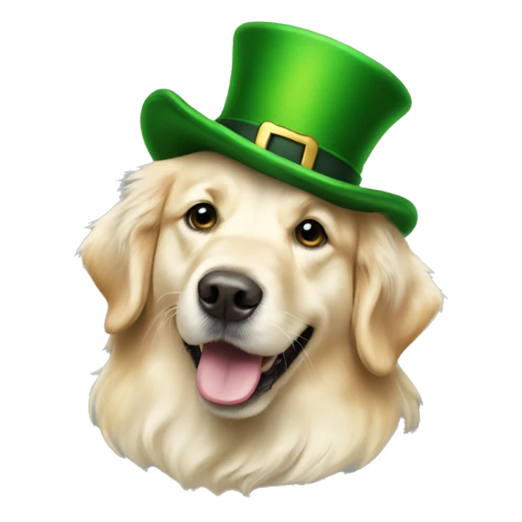 English cream golden retriever wearing a leprechaun hat sticker