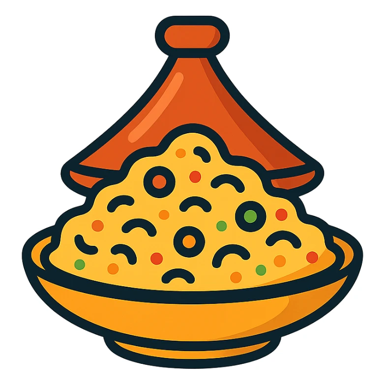 Moroccan curvy couscous, vibrant, stylized, food icon sticker