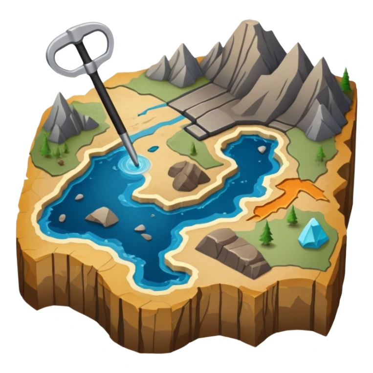 An icon featuring a crowbar and a geological map, and layers of Earth’s crust, symbolizing geology. The design includes mineral samples, fossils, and tectonic plates, representing the study of Earth’s structure and natural processes. Transparent background highlights geological exploration sticker