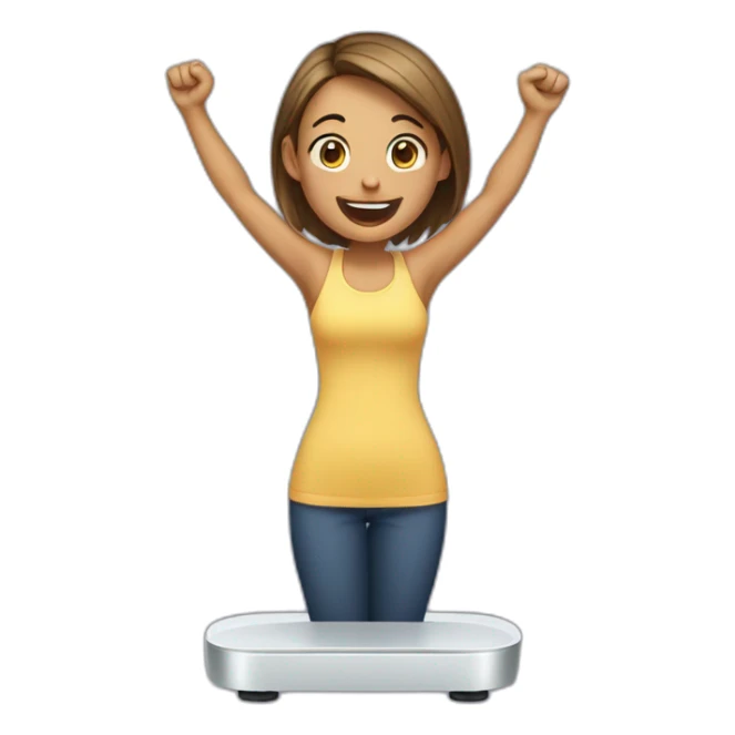 woman standing on weight scale, holding arms up in excitement sticker