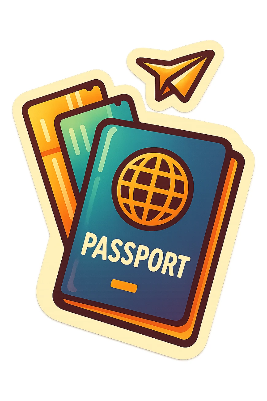 retro sticker-style image of a passport with two tickets, a small paper plane flying above, bold outlines, juicy colors, expressive shadows and highlights sticker