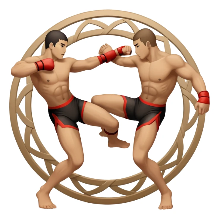 An icon symbolizing wrestling martial arts, featuring two stylized figures locked in a dynamic grappling pose. The background shows abstract elements representing strength and technique, with a circular design to represent unity and focus. Transparent background sticker