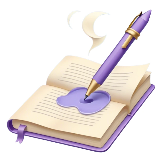 Create a whimsical and poetic emoji symbolizing poetry. The design should have several elegant pages floating smoothly in the air with short poetic columns written on them. Add a white pen resting gracefully on the pages and an inkwell. The overall color palette should include soft pastel tones such as light blue, purple and cream, which will add airiness and dreaminess to the design. Make the background transparent sticker