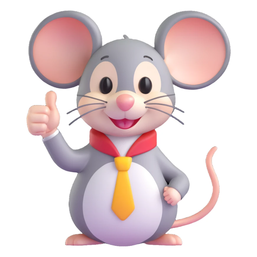 cute mouse character, smiling, with one hand giving a thumbs up sticker