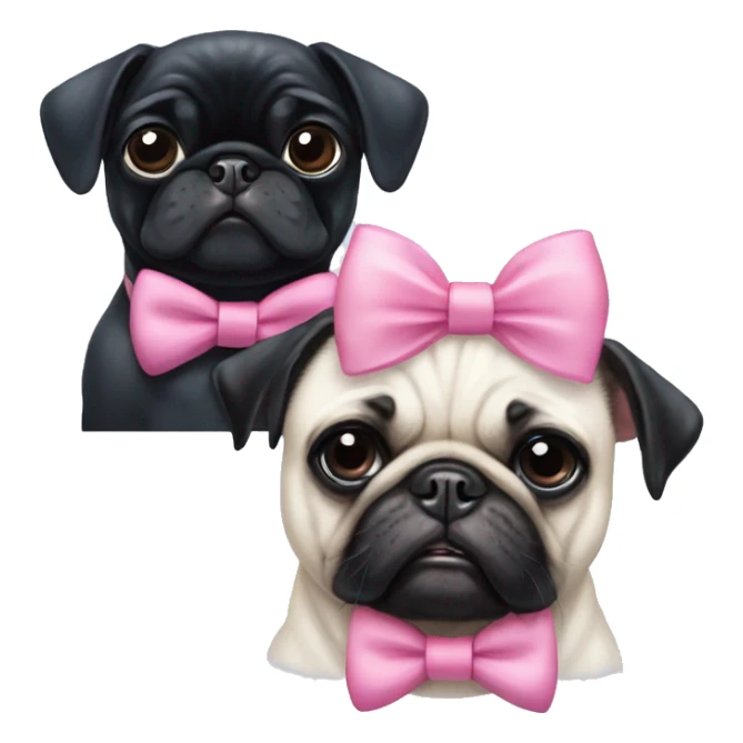 Black pug wearing a pink bow on head with a fully white pug with white ears wearing a blue bow tie sticker