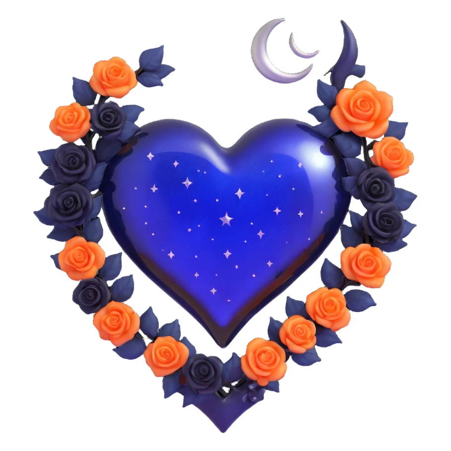 gothic heart made of midnight blue glass with a silver crescent moon, tiny black roses, shimmering stardust, pearlescent finish sticker