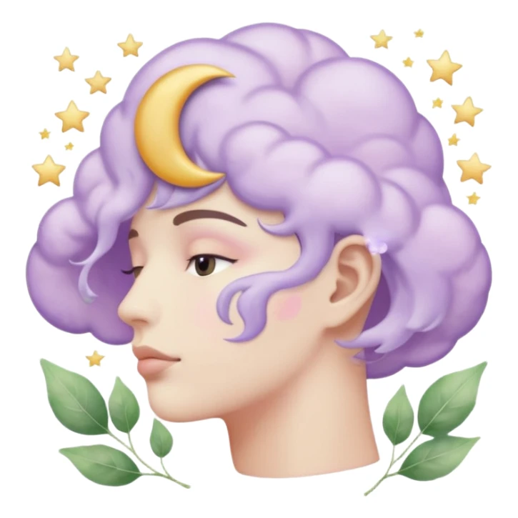 watercolor-style emoji of a human head silhouette with “AI” inside a lilac cloud, connected to a soft circuit shape. gentle pastel palette (sage green, blush, lilac), surrounded by leaves, moon, and stars — poetic and calm aesthetic. sticker