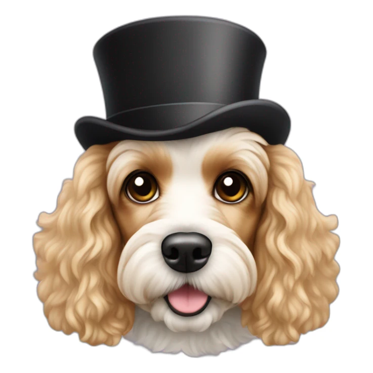Blond Cavalier spaniel poodle Maltese mix with a top hat sticker