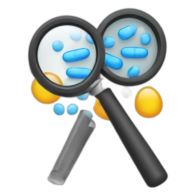 i want an emoji representing a printer with a magnifying glass covering it showing medication drugs sticker