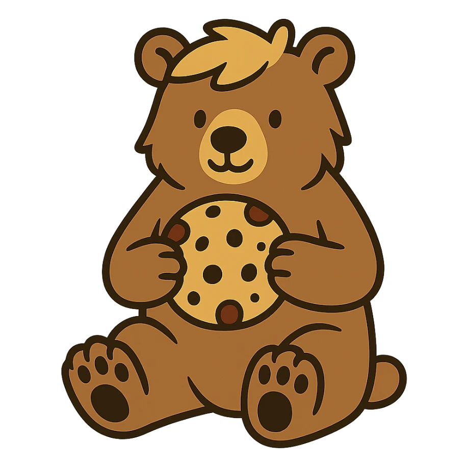 flat toon style blonde grizzly bear sitting, full body, holding a large chocolate chip cookie sticker