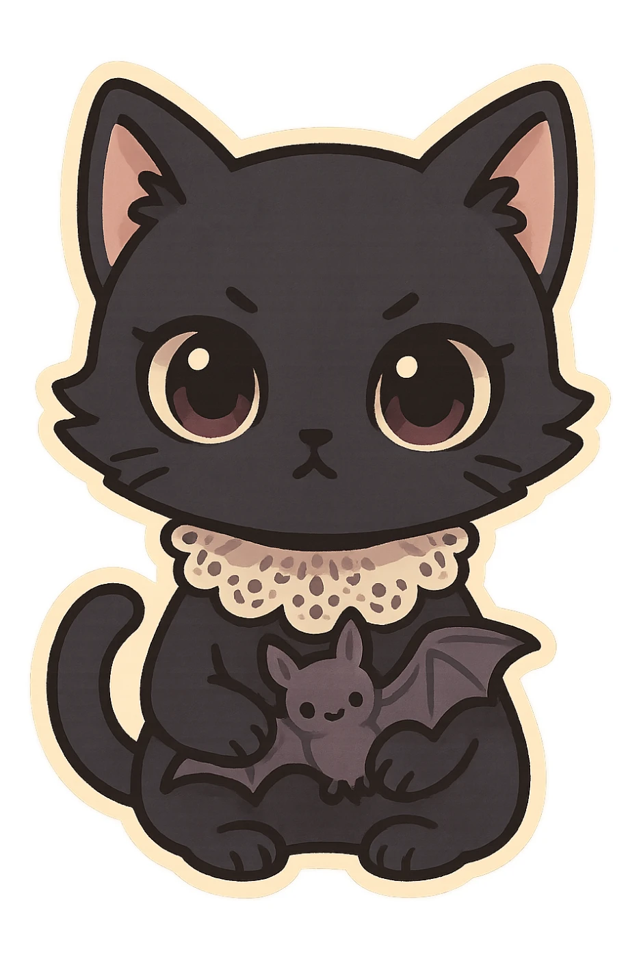 gothic cat, chibi style, pastel palette, black fur, lace collar, big eyes, cute but mysterious, holding a tiny bat sticker