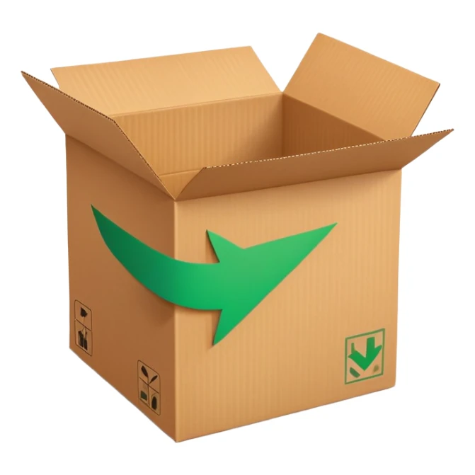closed cardboard box with a circular arrow and a green checkmark inside the arrow, positioned above the box in the upper right corner sticker