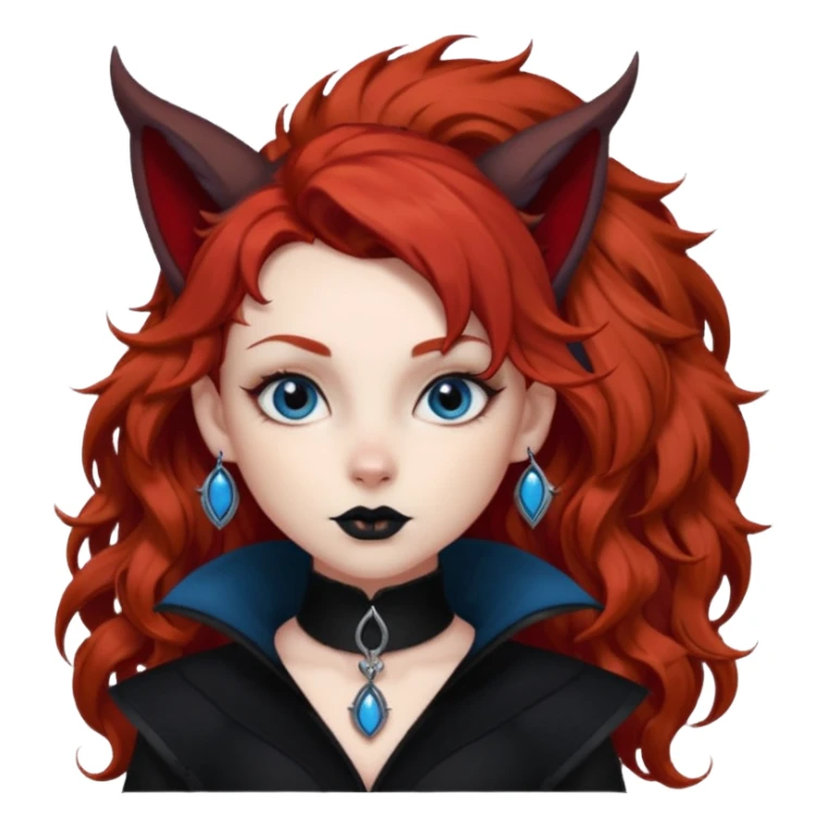  long curly red hair (darker), red pointed ears with black trim, black goth outfits, body and face human, blue eyes, more pointy chin, black lipstick, big fluffy red squirrel tail with black tips, like the attached photo with more outfits and poses,  sticker