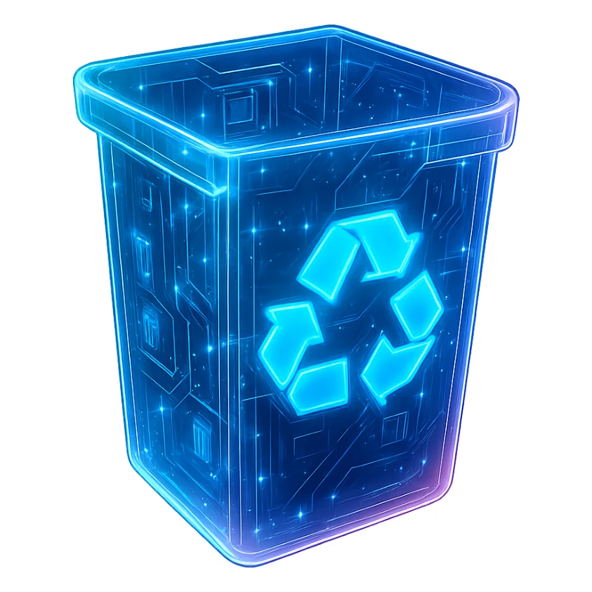 Create an empty recycle bin icon in a cyberpunk, holographic style with glowing neon blue and pink edges, circuit patterns throughout the bin, futuristic and clean look, consistent cyberpunk glow and intricate circuit details, matching the style of the previous cyberpunk icons. sticker