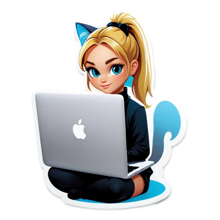 Blonde girl ponytail macBook and a cat sticker