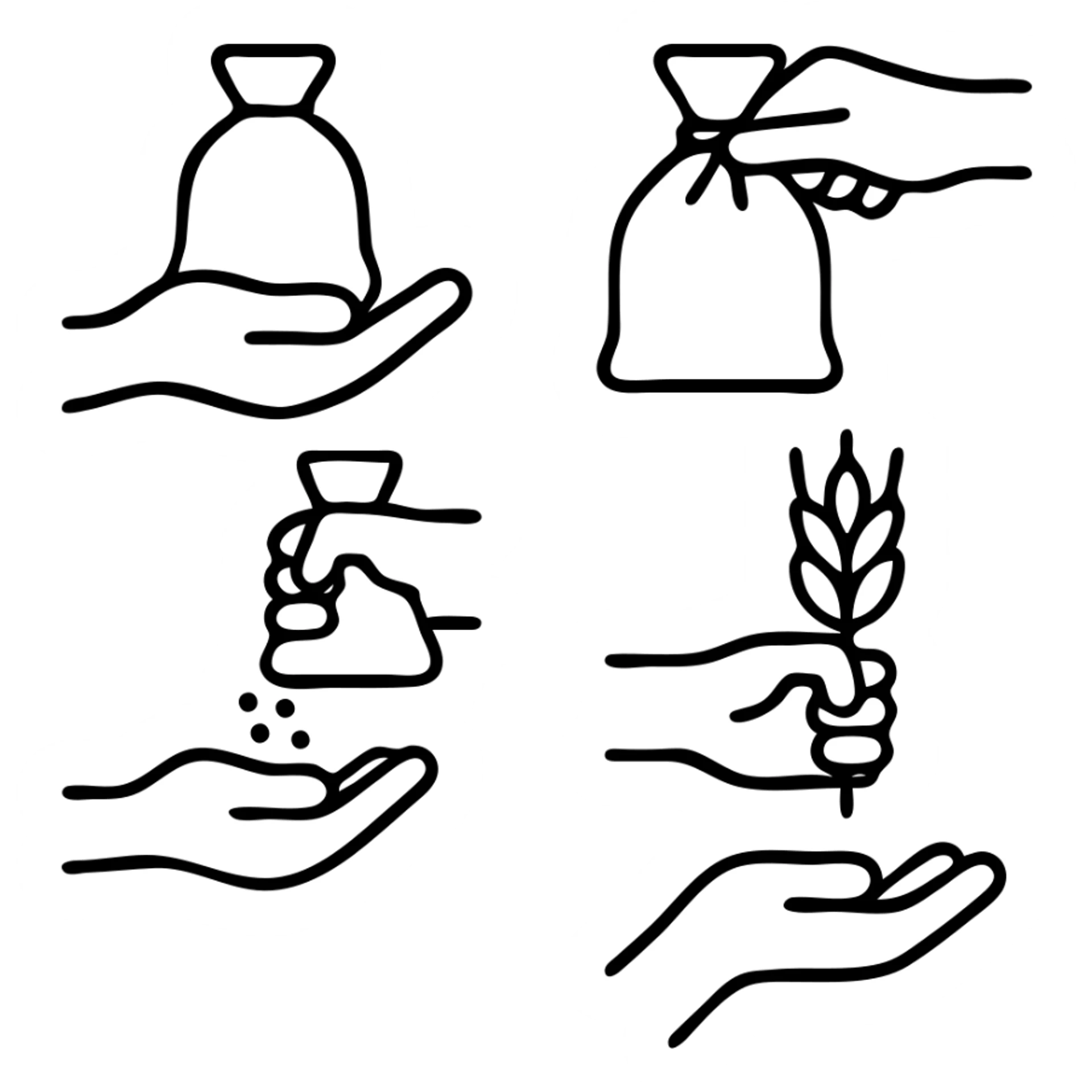 Hand Gestures Icons. Gestures icons in outline style: hand lifting sack, hand tying sack, hand pouring grains, hand holding wheat bundle, hand sticker