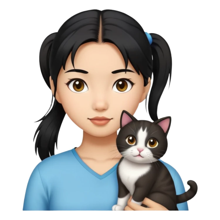 Asian Black haired girl with a ponytail with a cat  sticker