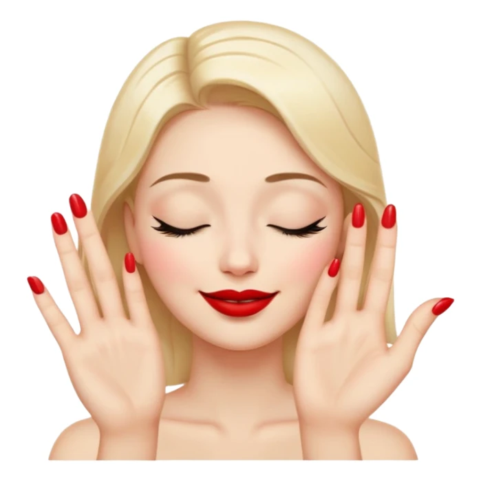 A smiling face with closed eyes forming upward curved lines, visible eyelashes, pursed lips with red lipstick, and a hand showing only the thumb out with all other fingers closed against the palm, painted nails sticker