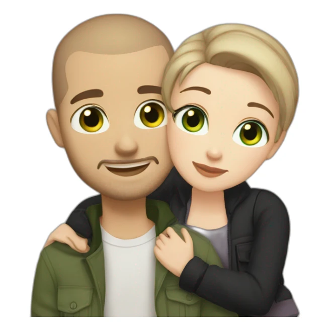 white skin Boyfriend with a light brown buzzcut and green eyes and medium length dark brown hair girlfriend with black eyes hugging sticker