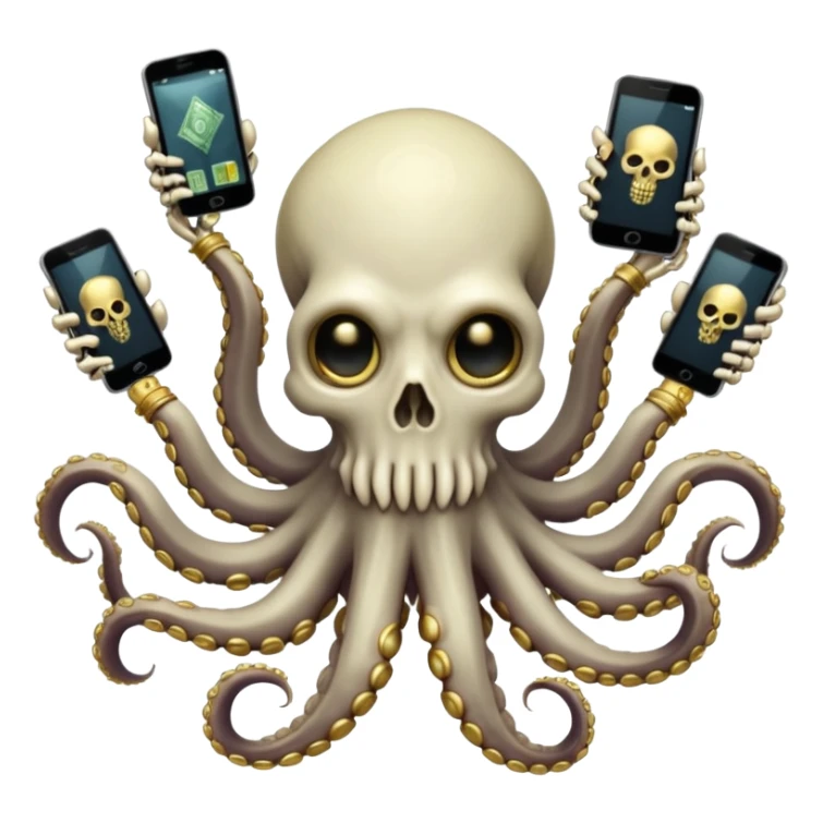 satanic octopus skeleton. Evil looking eyes, wearing a gold necklace. 2 tentacles are holding their own cellphones with one held up to its ear, 2 other tentacles are holding stacks of money sticker