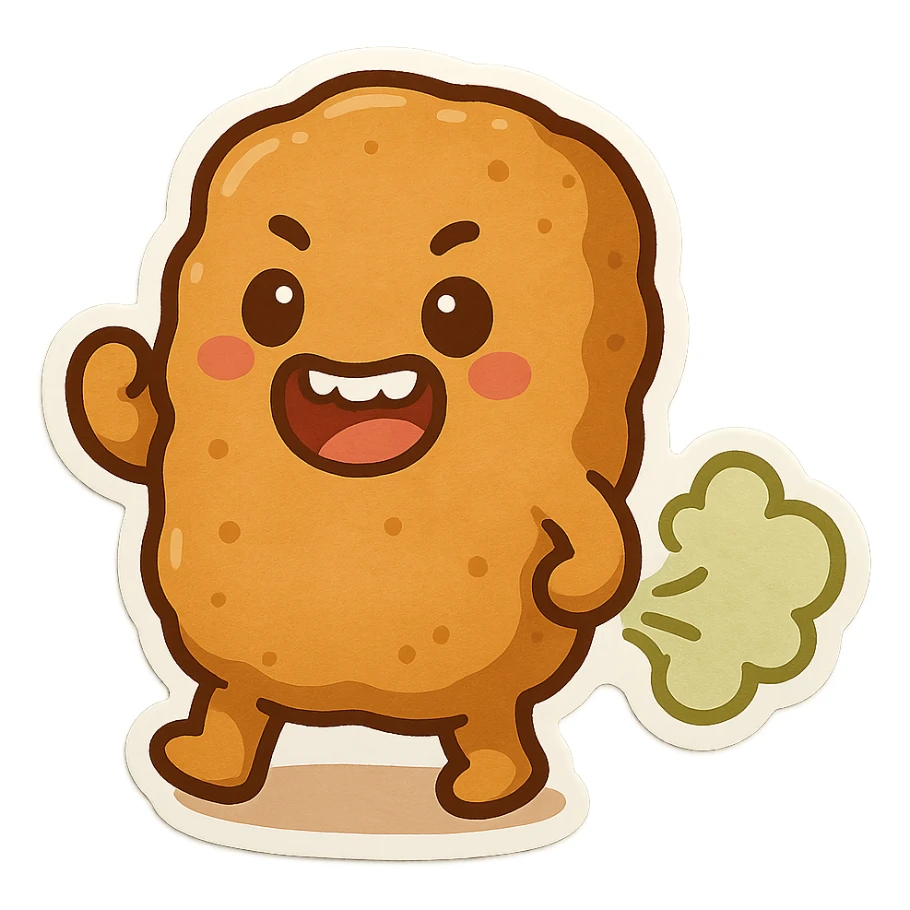 a fun and expressive cartoon chicken nugget character with its mouth open showing teeth and farting, silly and animated style sticker