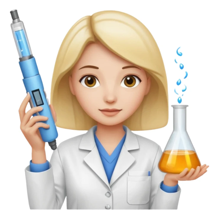 a woman wearing a lab jacket, holding lab equipment, showing pride in new technology sticker