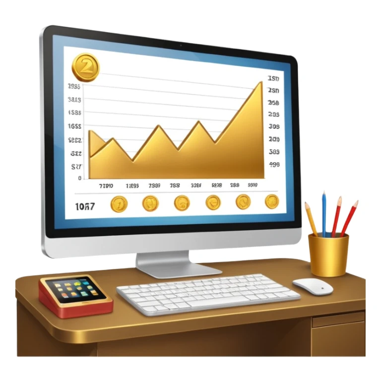 Mach mir einen schreibtisch mit einem bildschirm drauf wo mann einen Chart sieht von Gold sticker