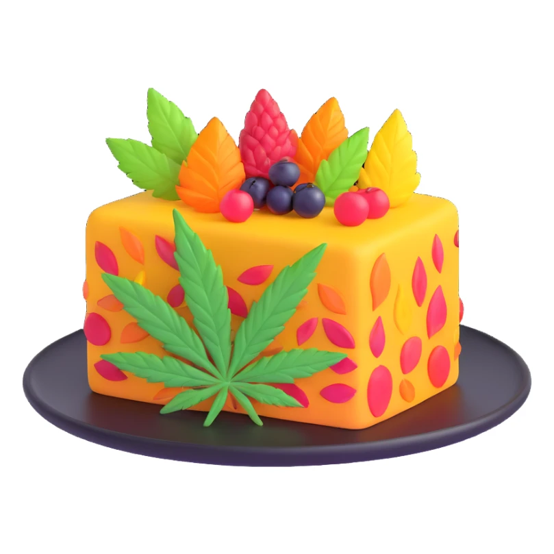 colorful frosted fruit cake with cannabis leaf on a plate sticker