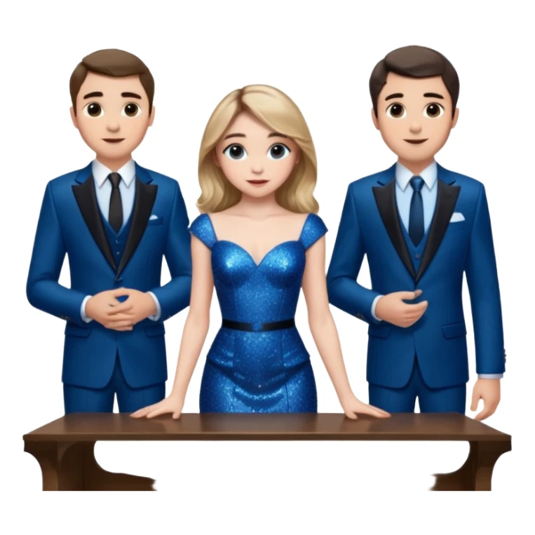 Sabrina carpenter in a blue sparkly dress at a table with 3 handsome men, and she is standing up reaching over  sticker