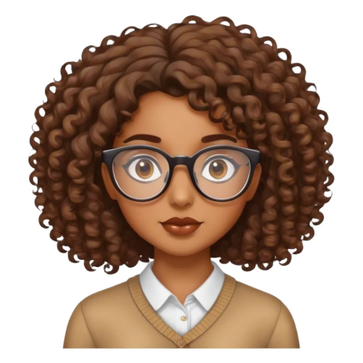 brown girl with curly hair, side part, and clear glasses sticker