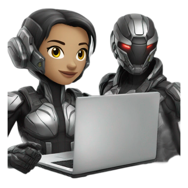 Girl developer behind his laptop with this style : Crytek Crysis Video game with nanosuit character hacker themed character sticker