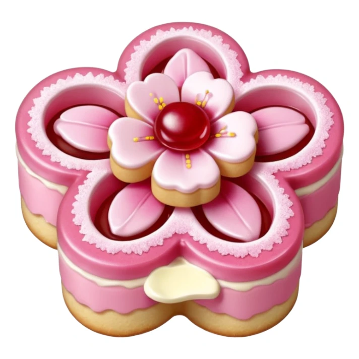 Realistic shortbread cookie in the shape of a cherry blossom with pale pink color jelly middle filling and sprinkled powder sugar on top. sticker
