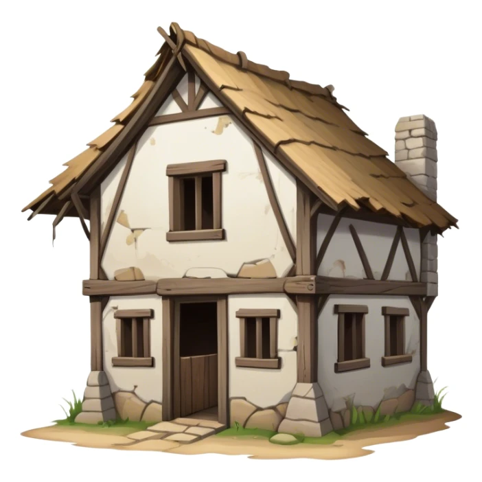a dilapidated one-story medieval shack. The building has no windows. sticker