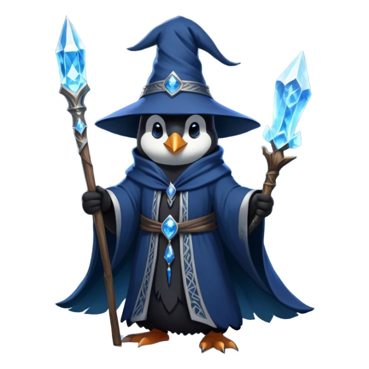 A mysterious penguin mage with sleek midnight-blue feathers, wearing a flowing black robe adorned with silver runes. A tall, pointed wizard hat sits slightly tilted on his head, the brim casting a shadow over his glowing icy-blue eyes. His flipper clutches an ancient wooden staff topped with a swirling crystal, radiating a soft, cold light. Snowflakes drift around him as he stands on a frozen cliff, his aura crackling with arcane energy, ready to summon a blizzard with a flick of his staff. sticker