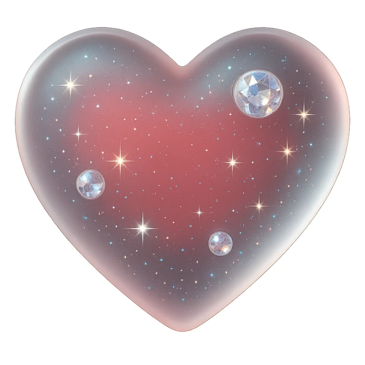tiny red heart, pastel red enamel, sparkling gems, soft glowing effect, extra glitter accents, matte glass style, iridescent shimmer sticker