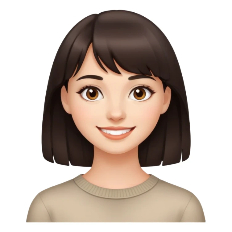 Young woman with dark brown bangs, natural light makeup, friendly smile sticker