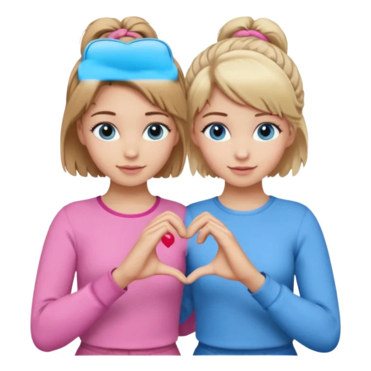 Two best friends making a heart shape with their hands together. One of them has blond hair which is shorter and the other has brown hair tied up. They are both wearing pink outfits. They both have blue eyes. One of them has their hair down  sticker