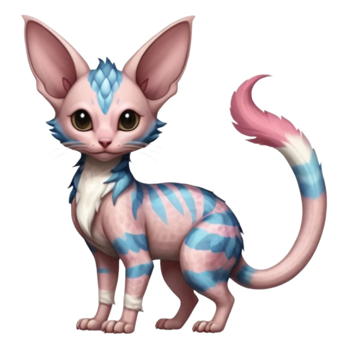 Furry, fluffy tropical flecked painted feathery scaly, colorful, Minccino-Sphynx-Lykoi-Linoone-Zangoose-fusion-hybrid-animal-Fakémon-creature, full body, thin long sleek scaly tail, intricate markings sticker