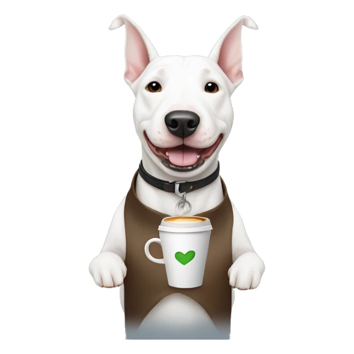 White bull terrier dog holding a coffee sticker