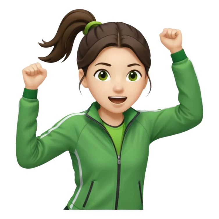A brunette pony tail hair girl in a sporty green jacket, jumping slightly while cheering loudly. sticker