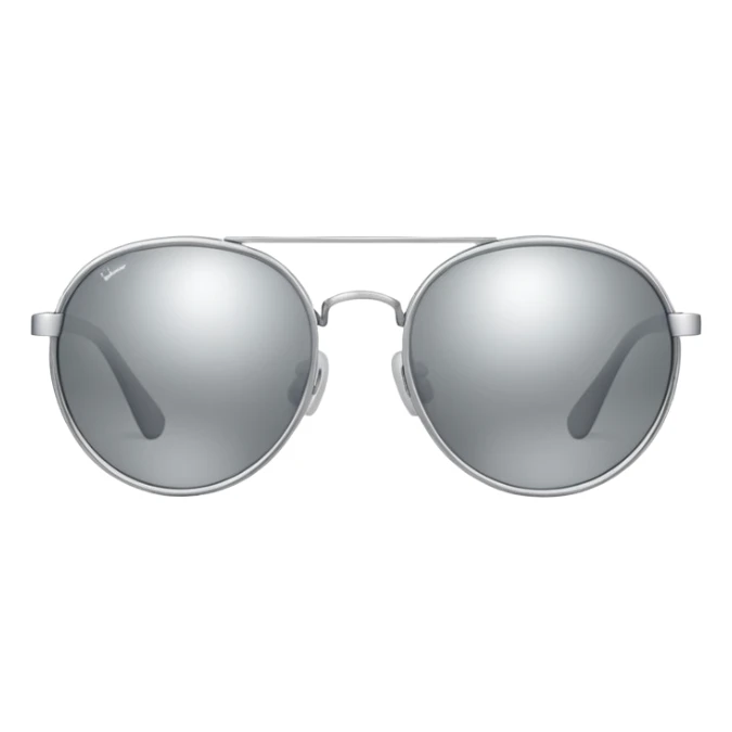 A pair of luxury sunglasses emoji with silver chrome frame, smooth rounded lenses, reflective metallic surface, high-end swag aesthetic, minimal and clean design, iOS emoji style, centered, white background sticker