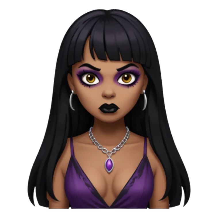 vampira gótica parda zumbi de cabelo longo e preto e franja e roupa com decote e batom preto e sobrancelha grossa sticker