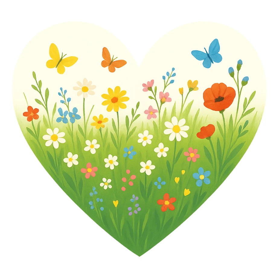 heart with a spring meadow and flowers theme, clean digital illustration, no background sticker