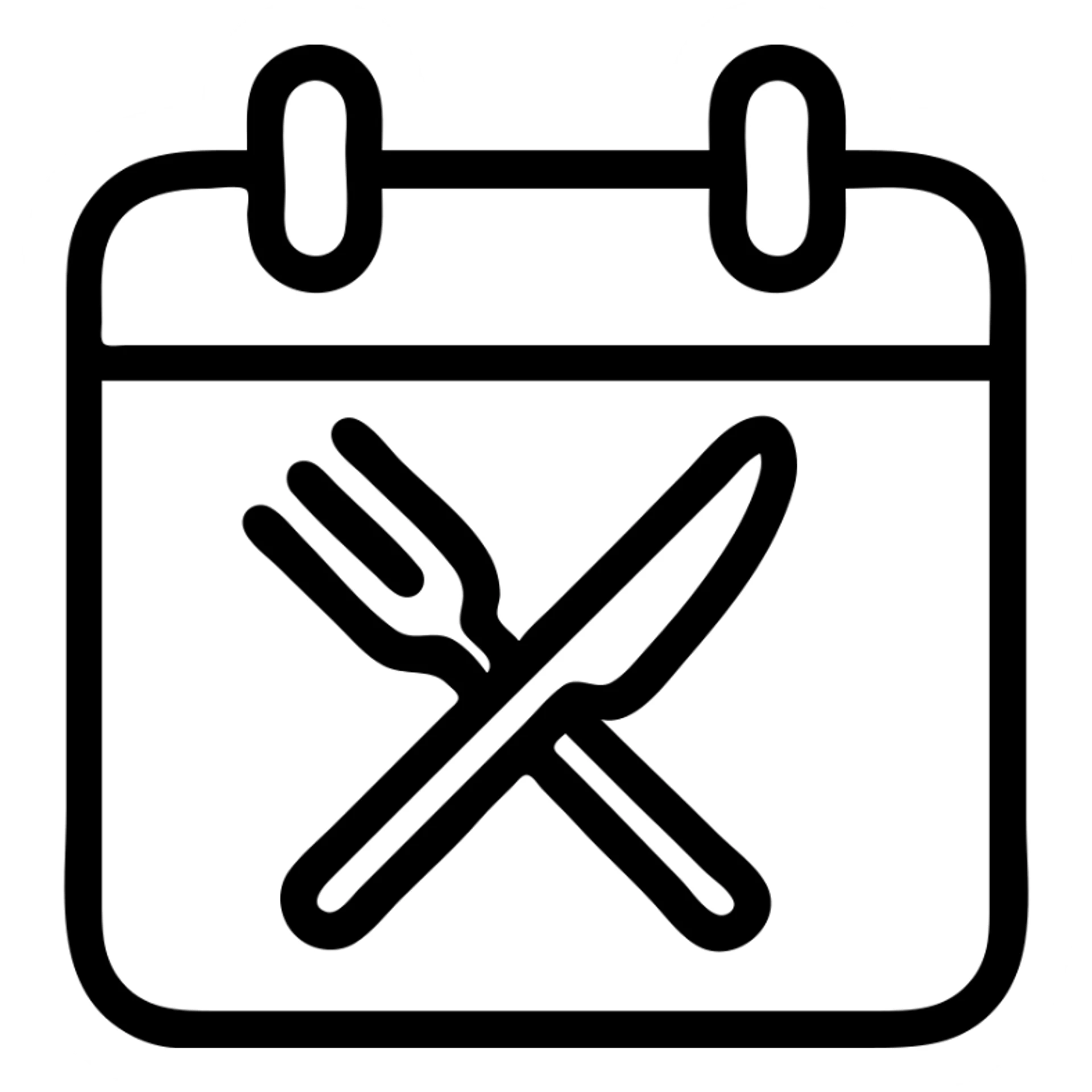 minimalistic bold black-and-white icon, square, flat, no gradients, modern calendar outline with a fork and knife forming an X inside, clean geometric lines, inspired by Netflix and Lifesum, vector style, suitable for dark and light mode sticker
