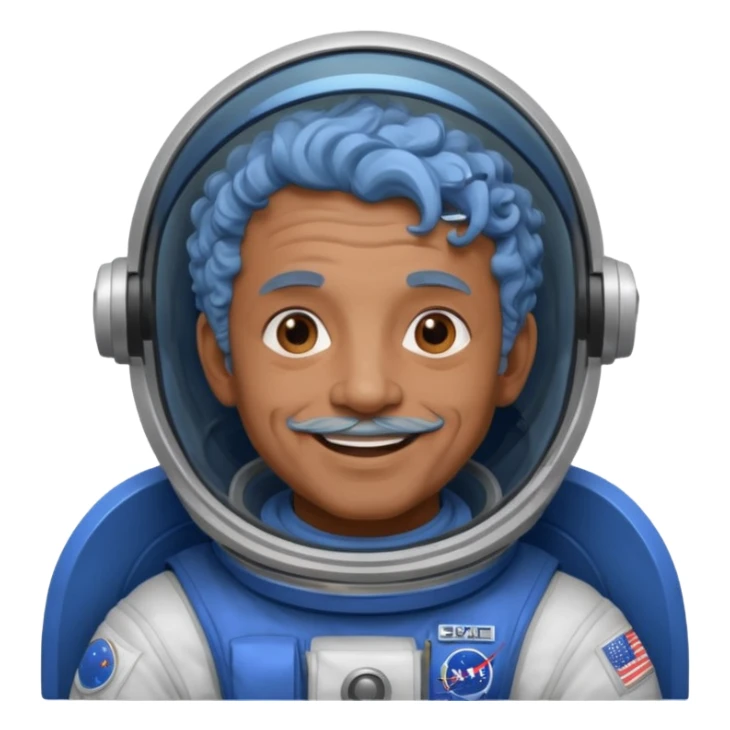 old man, brown skin astronaut with curly blue hair, smile sticker